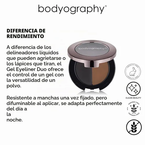 Vista 3 de Bodyography Delineador de ojos de gel Duo - Bandeja dividida aterciopelada negra y marrón Fórmula de deslizamiento suave para líneas precisas