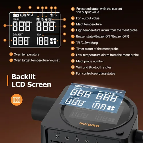 Vista 5 de Controlador de temperatura para barbacoa 5G Wi-Fi y Bluetooth INKBIRD, ventilador automático para ahumador con pantalla LCD para parrilla