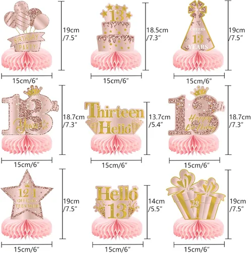 Vista 2 de 9 piezas de decoración de cumpleaños número 13, centros de mesa de cumpleaños rosa rosa dorado para niñas, centros de mesa de feliz cumpleaños 13