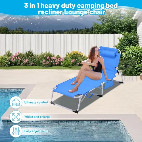 Vista 4 de Silla de bronceado 3 en 1 extragrande con esterilla y agujero para la cara, silla lounge plegable resistente - Silla ajustable de 5 posiciones