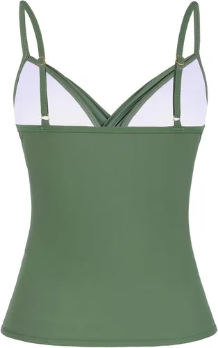 Vista 4 de Tankini para mujer, cuello en V, parte superior de natación fruncida con control de abdomen verde claro (Light Army Green)