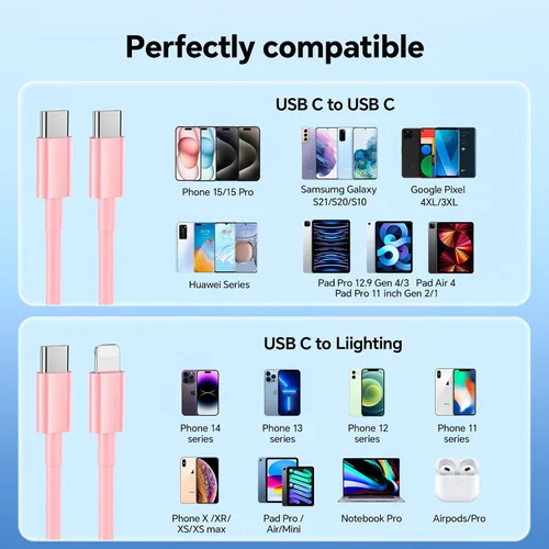 Vista 6 de Compatible con cargador iPhone de carga rápida, paquete de 2 bloques de cargador USB C de 20 W con cable USB C de 6 pies y cable USB C a Lightning