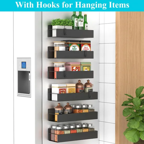 Vista 2 de HuggieGems Paquete de 6 organizadores magnéticos de almacenamiento de especias para refrigerador y horno, organizadores negros para nevera