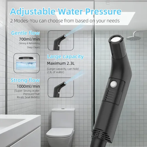 Vista 4 de Bidé portátil para viajes con modos de presión de agua suave y fuerte, bidé de viaje recargable USB-C, tanque de agua grande de 2.3 L para uso Negro