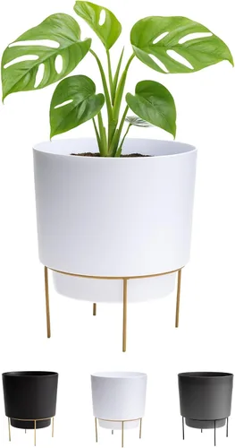 Vista 10 de Bloem Hopson Maceta decorativa de resina con soporte de metal, maceta de 6" para interiores y exteriores con soporte de metal dorado, negro