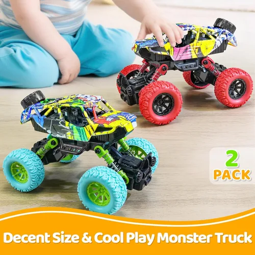 Vista 6 de Camión monstruo de juguete de 6.3 pulgadas para niños de 3, 4, 5, 6, 7 años de edad, camión de fricción con tracción hacia atrás, juegos de 2