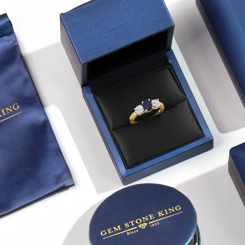 Vista 5 de Anillo de compromiso de 3 piedras preciosas con piedra natal para mujer en plata chapada en oro amarillo de 18 quilates, ovalado de 0.276 x 0.197