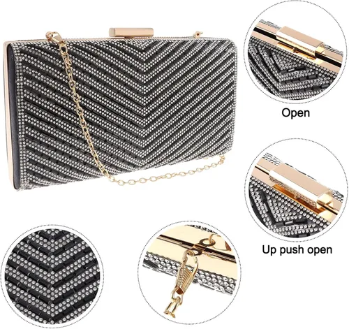 Vista 3 de Bolso de mano con diamantes de imitación brillantes, cierre de metal, bolsa de noche, banquete, fiesta, bolsa cruzada para mujer