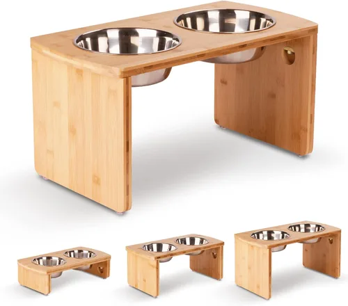 Vista 23 de Cuencos elevados para perros, cuenco elevado de bambú para perros y gatos pequeños, con 2 cuencos de acero inoxidable