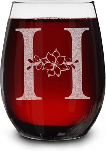 Vista 12 de Copa de vino sin tallo, con monograma floral, grabada con láser, 15 onzas, regalo inicial personalizado para ella (B)
