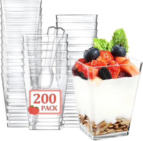Vista 10 de Eupako Paquete de 125 mini tazas de postre de plástico de 5 onzas con cucharas, tazas pequeñas transparentes para parfait, tazas cuadradas