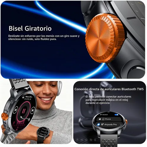 Vista 6 de Smartwatch resistente 1.6 en AMOLED GPS 5ATM impermeable SOS Brújula Negro