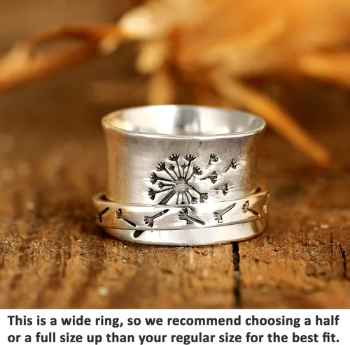 Vista 2 de Boho-Magic Anillo giratorio de plata de ley 925 para mujer, diseño de flor de diente de león para aliviar la ansiedad, banda ancha, Metal,