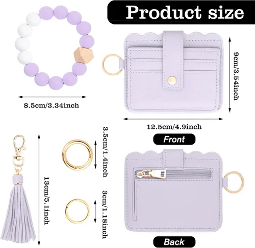 Vista 2 de KNGITRYI Cartera llavero pulsera para mujer, delgado RFID tarjeta de crédito, monedero, borla llavero brazalete para hombres y mujeres, Púrpura