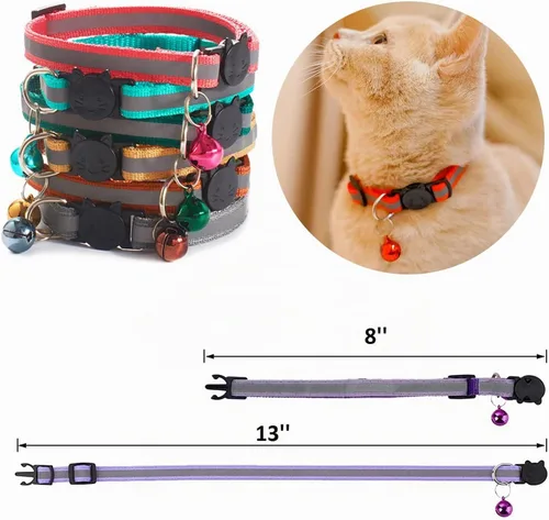 Vista 2 de 18 piezas de collares reflectantes para gatos con campana ajustable de 19-32 cm, collares de identificación ajustables y separables de nylon suave