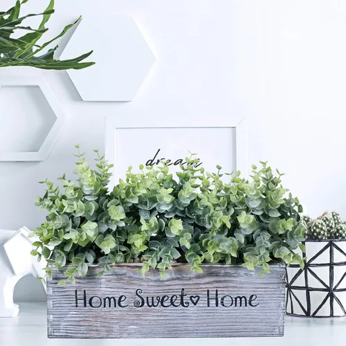 Vista 5 de 1 pieza de plantas de eucalipto en maceta de madera, arreglo vegetal, planta de eucalipto artificial en caja rectangular de madera para casa