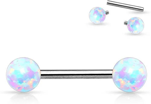 Vista 3 de Arete piercing para pezón de acero inoxidable calibre 14 rosca interior con bolas de ópalo 316L