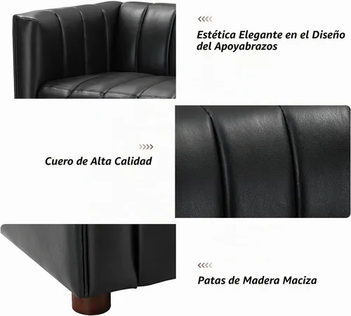 Vista 6 de HULALA HOME Sofá de cuero genuino de 83 pulgadas con diseño de canal, color Negro