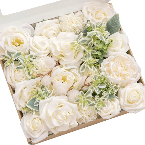 Vista 34 de Ling's moment Caja de flores artificiales, tallos de follaje artificial falso, rosas de espuma, dalia de seda, hierba de pampas, flor de tela