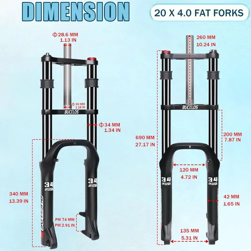 Vista 6 de BUCKLOS 20 pulgadas 4.0 Fat Tire Bike Suspension Tenedor, 7.087 in Travel 5.315 in Spacing Hub 0.354 in QR Ebike Oil MTB Fat Fork, Doble Corona