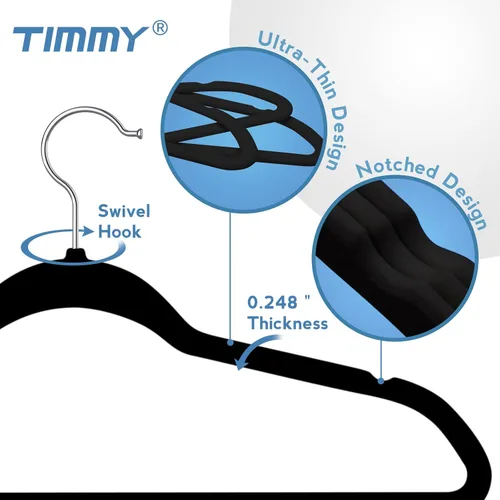Vista 3 de TIMMY Perchas de terciopelo de alta calidad – Perchas negras resistentes antideslizantes que ahorran espacio para abrigos, trajes y suéteres