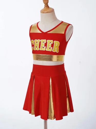 Vista 4 de FEESHOW Disfraz de líder de animadora para niñas, uniforme de animadora, camiseta sin mangas con falda plisada