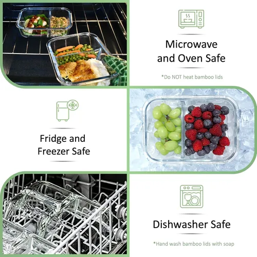 Vista 5 de EcoPreps Contenedores de vidrio para preparación de comidas con tapas de bambú, juego de recipientes de vidrio de 2 compartimentos (paquete de 3)