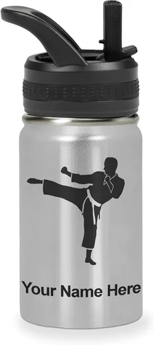 Vista 45 de Botella de agua personalizada LaserGram, Karate Man, de acero inoxidable con aislamiento al vacío de doble pared con tapa abatible, regalo grabado