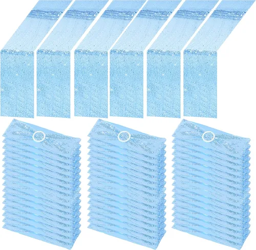Vista 14 de Newwiee 54 cintas de lentejuelas negras para sillas y caminos de mesa, 48 lazos de lentejuelas para silla, 6 caminos de mesa con purpurina