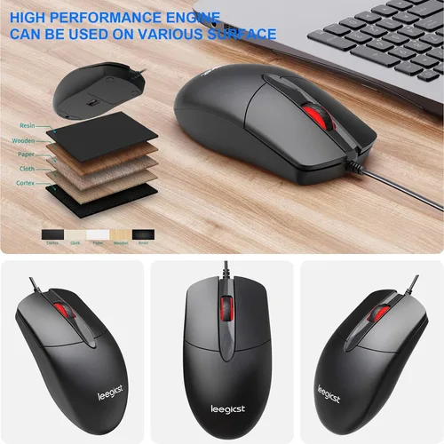Vista 5 de Ratón óptico ergonómico con cable - M102 Ratones de computadora USB con cable de 3 botones para portátiles, Chromebook, MacBook, PC (negro)