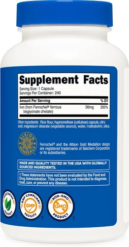 Vista 5 de Nutricost Hierro quelado, Como Ferrochel, 36 mg, 240 Cápsulas (2 Botellas)
