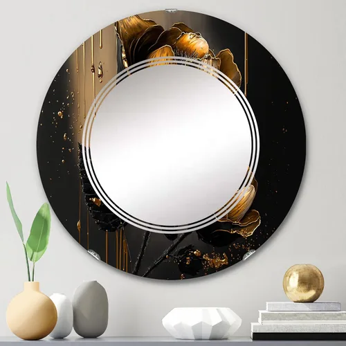 Vista 2 de DesignQ Floral & Botanical wall mirror, Oval Traditional mirror, Round Black bathroom mirror, Crocus vanity mirror Black and Gold Crocus Artistry