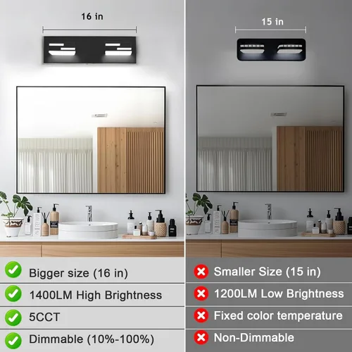 Vista 7 de Lámparas LED modernas para tocador de baño, 2 luces regulables de 15 pulgadas, color negro mate, para accesorios de iluminación de baño sobre