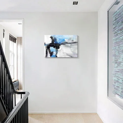Vista 7 de Lienzo abstracto grande para pared, pinturas artísticas modernas de acuarela, fantasía negra y azul, graffiti colorido sobre fondo blanco