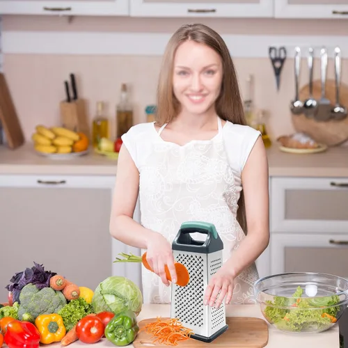 Vista 8 de Rallador de caja para cocina de 4 caras - Ralladores de queso de mano, trituradora de acero inoxidable para alimentos, verduras, zanahoria, patata