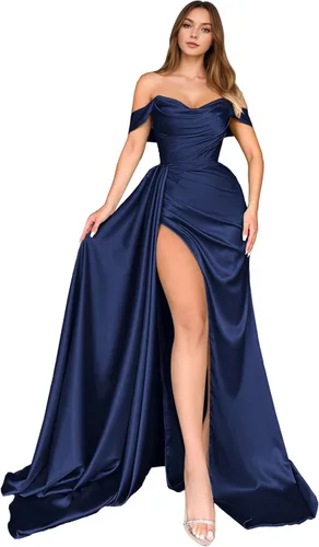 Vista 18 de Dream Wedding Vestidos de fiesta de satén con hombros descubiertos con Agua