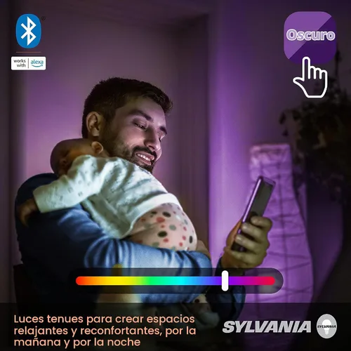 Vista 4 de SYLVANIA (75760) - Bombilla LED inteligente con malla Bluetooth, ajuste de un solo toque, equivalente a A19 60 W, E26, RGBW a todo color y blanco