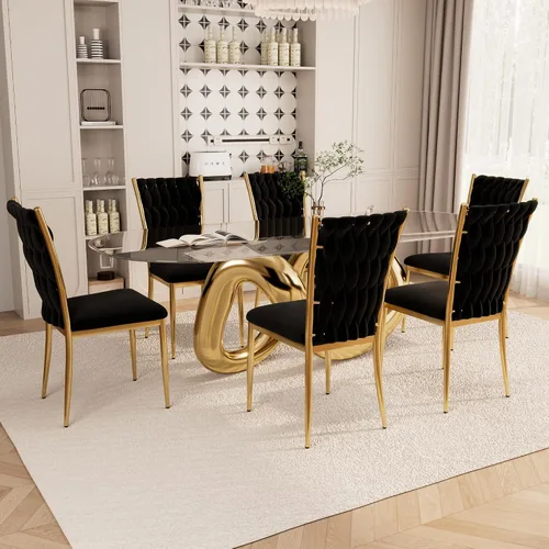 Vista 29 de Juego de 2 sillas de comedor de terciopelo, modernas sillas de cocina tejidas con patas de metal dorado, cojín tapizado con respaldo alto