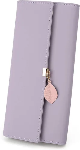 Vista 88 de UTO - Cartera pequeña RFID de piel sintética con dije de hoja, cierre de cremallera y tarjetero.