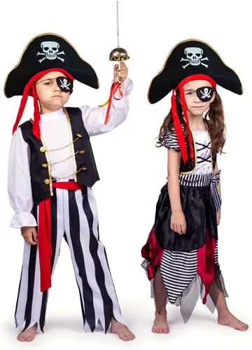 Vista 5 de Dress Up America Disfraz de pirata para niños, disfraz de pirata bucanero para niñas, vestido, sombrero y parche en los ojos
