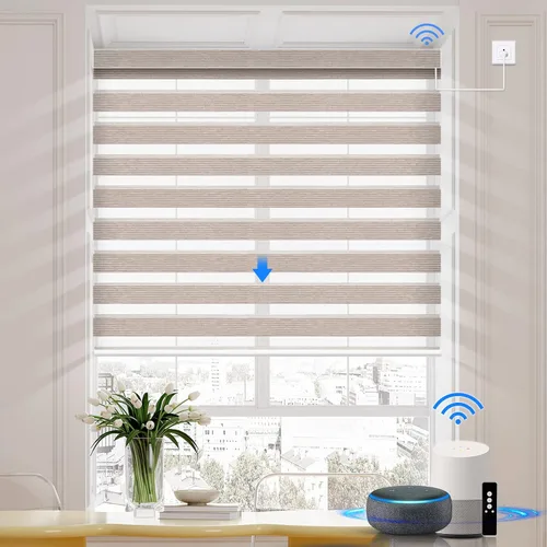 Vista 12 de Persianas motorizadas de cebra compatibles con HomeKit, Alexa, Google, persiana enrollable de doble capa con motor cableado Wi-Fi/Bluetooth, 110