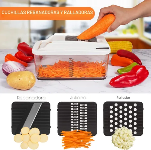 Vista 4 de RüK Picador de verduras, picador cortador de verduras extra grande, picador de alimentos profesional multifuncional 10 en 1, 6 cuchillas, 4
