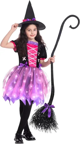 Vista 2 de Poshetion Halloween Witch Costume for Girls Light Up Toddler Witch Dress with Hat and Broom for Halloween Role-Play Party