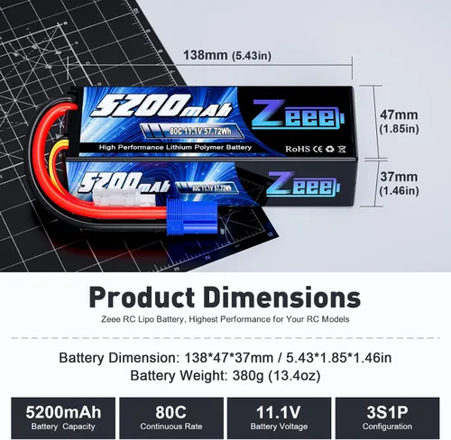 Vista 7 de Zeee Batería Lipo de 11.1V 80C 5200mAh 3S con conector EC5 (2 paquetes)