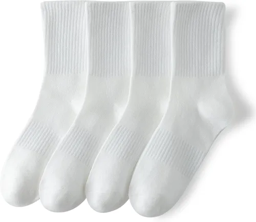 Vista 7 de YUWELL Calcetines crew a rayas para mujer, calcetines casuales de algodón cómodos para mujer, 4 pares, talla 5-10 4 pares-blanco beige negro gris