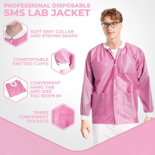 Vista 52 de Paquete de 10 chaquetas desechables de laboratorio, chaqueta médica reutilizable hasta la cadera, unisex, con puños de punto y bolsillos