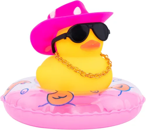 Vista 25 de wonuu Pato de goma para automóvil, decoración de pato amarillo con sombrero para el sol, anillo de natación, collar, gafas de sol para decoración