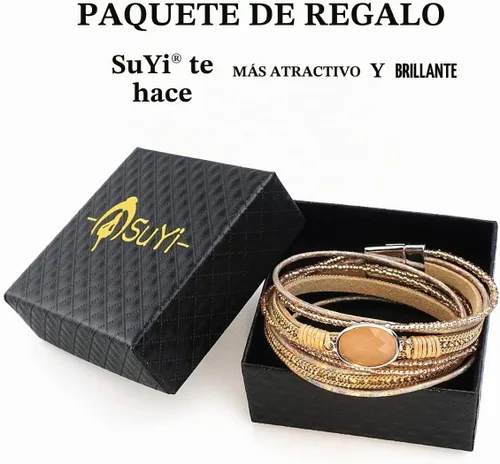 Vista 7 de Suyi Pulsera trenzada de cuero multicapa para mujer, con hebilla magnética Caqui