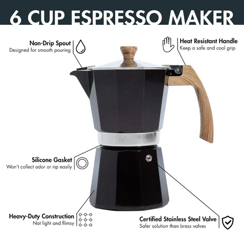 Vista 2 de Primula Cafetera espresso de aluminio para estufa, cafetera percoladora para moka, café cubano, capuchino, café con leche y más, perfecta para Negro
