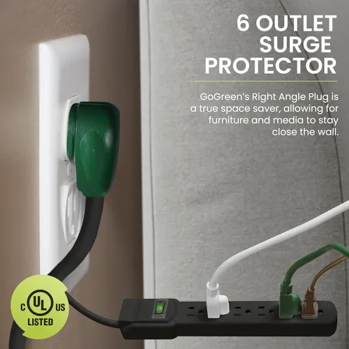 Vista 3 de GoGreen Power (GG-16103M-12BK) Protector de sobretensiones de 6 tomas, 250 julios, negro, cable de 12 pies